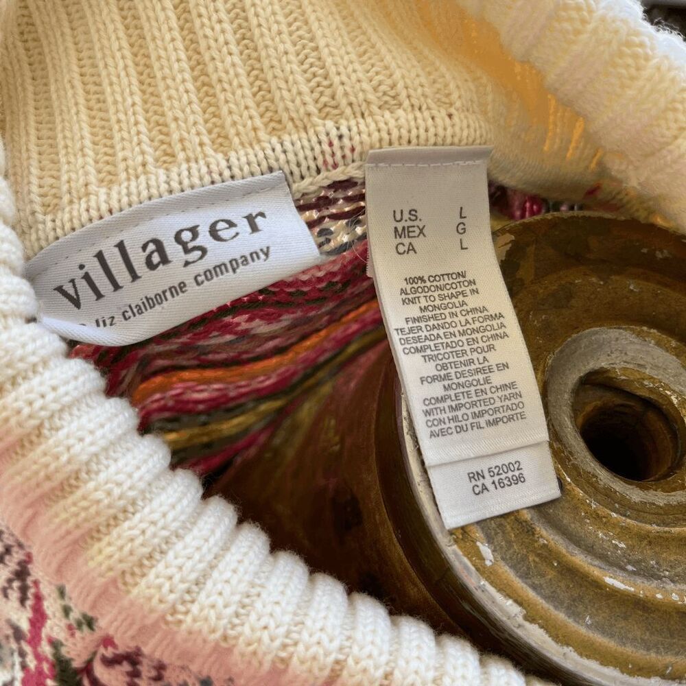 Vintage 1983 Liz Claiborne Villager Fair Isle Cotton Knit Turtleneck Sweater - L - Picture 4 of 5